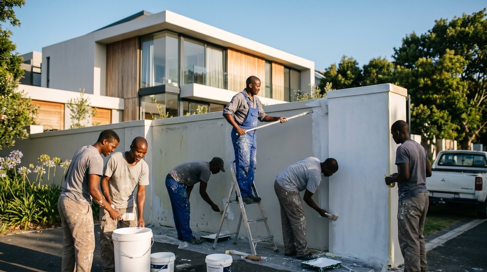 Professional team painting a boundary wall at a modern home in Constantia