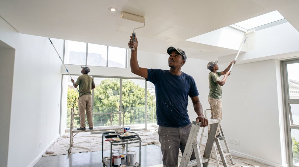 Professional ceiling painters rolling white paint onto a high ceiling in Constantia