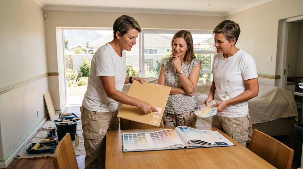 Professional colour consultant showing paint swatches to a homeowner in Constantia