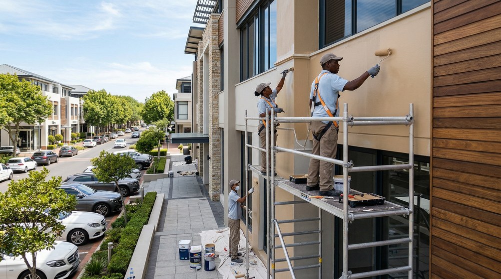 Professional commercial painters on scaffolding painting a building in Constantia