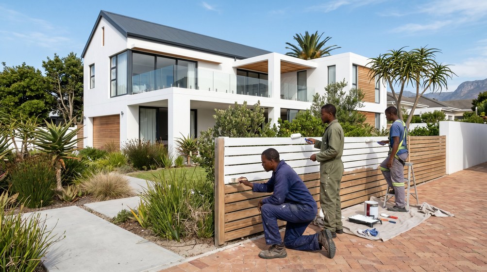Professional fence painters painting a wooden fence at a Constantia home in Constantia