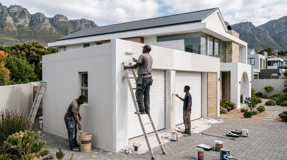 Professional painters painting a double garage exterior and garage doors in Constantia