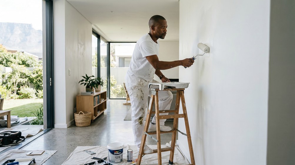 Professional interior painter in Constantia painting walls with a roller