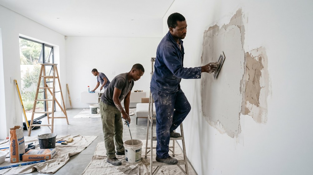 Professional plaster repair team skim coating damaged walls in Constantia