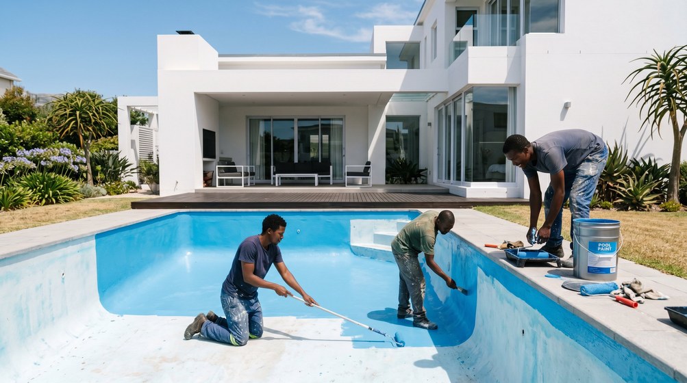 Professional pool painters applying blue pool paint to a swimming pool in Constantia