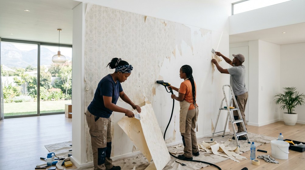 Professional wallpaper removal team stripping old wallpaper in a Constantia home